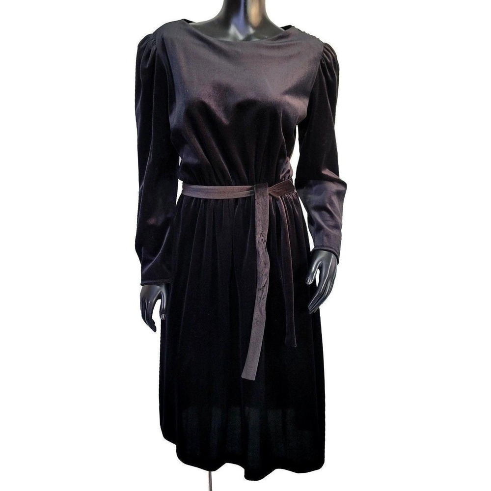 Vintage 80s J.M. II Black Velvet Arnel Nylon Dress Pearl Buttons Belted